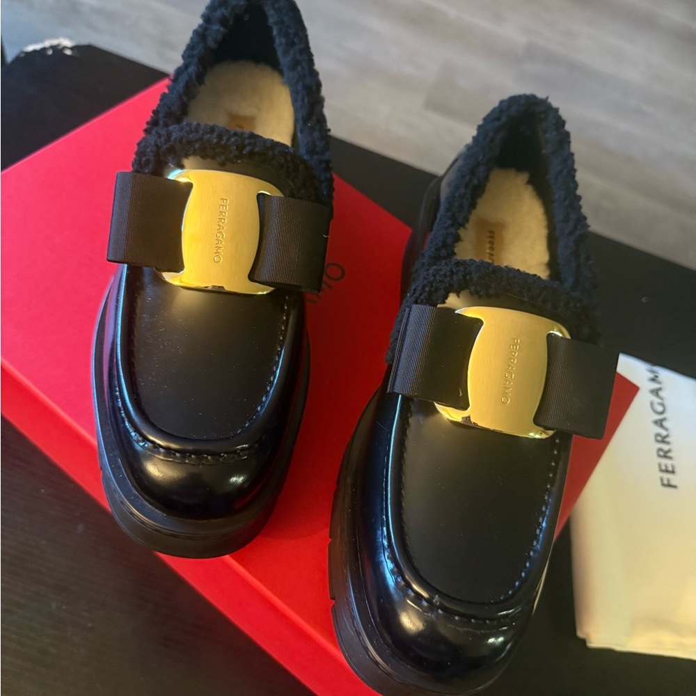Salvatore Ferragamo Black Loafers with Gold Accent